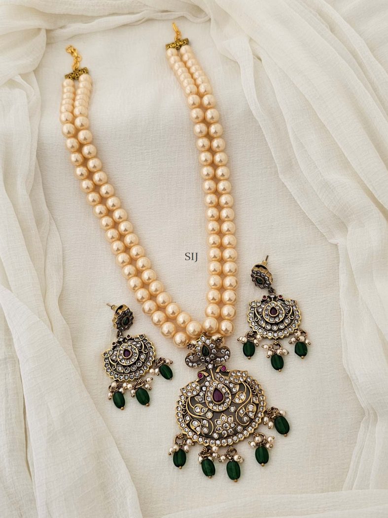 Two Layers Pearl Necklace with Victorian Finish Peacock Pendant