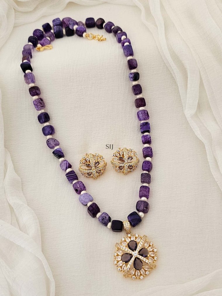 Purple Agate Beads Necklace with CZ Stones Flower Pendant