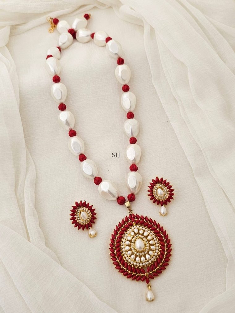 Coral and Pearl Necklace with Drop Design Pendant