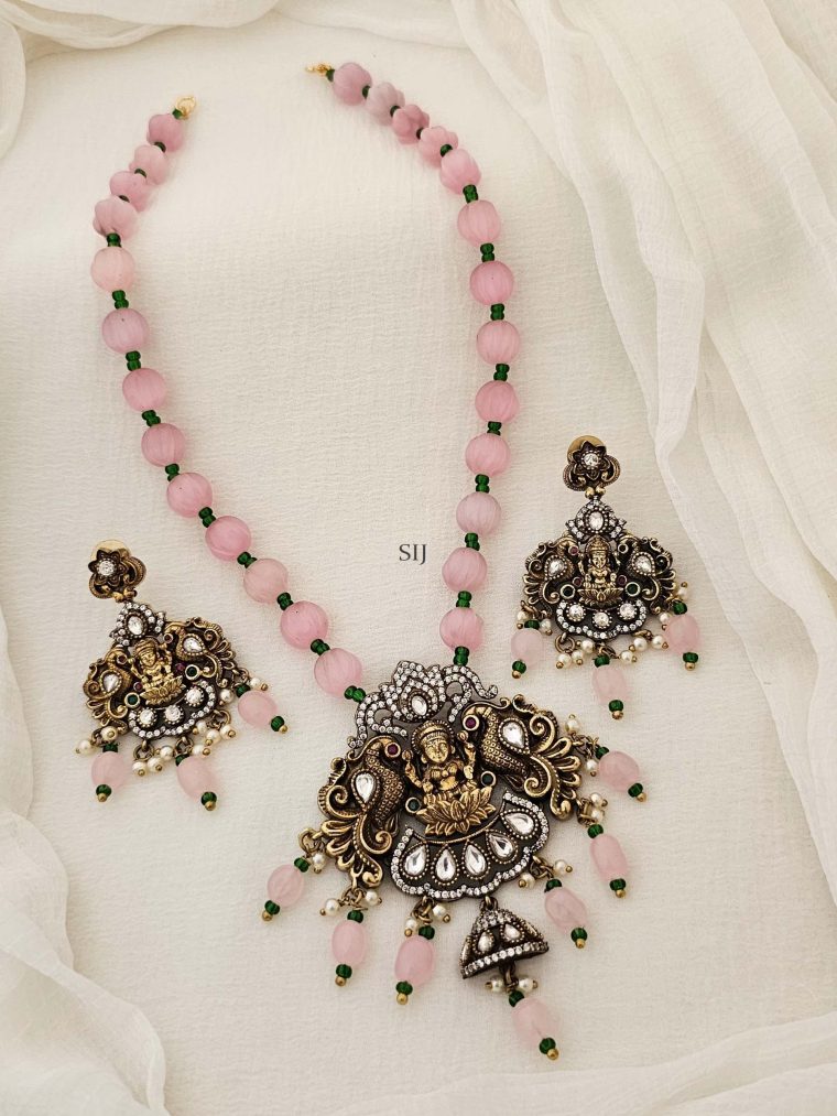 Traditional Pink Beads Necklace with Victorian Finish Lakshmi Pendant