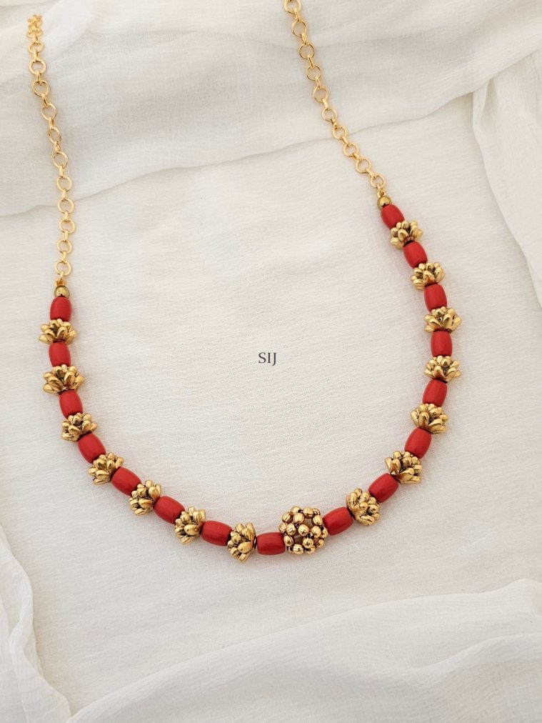 Antique Gold Finish Flowers and Coral Beads Necklace