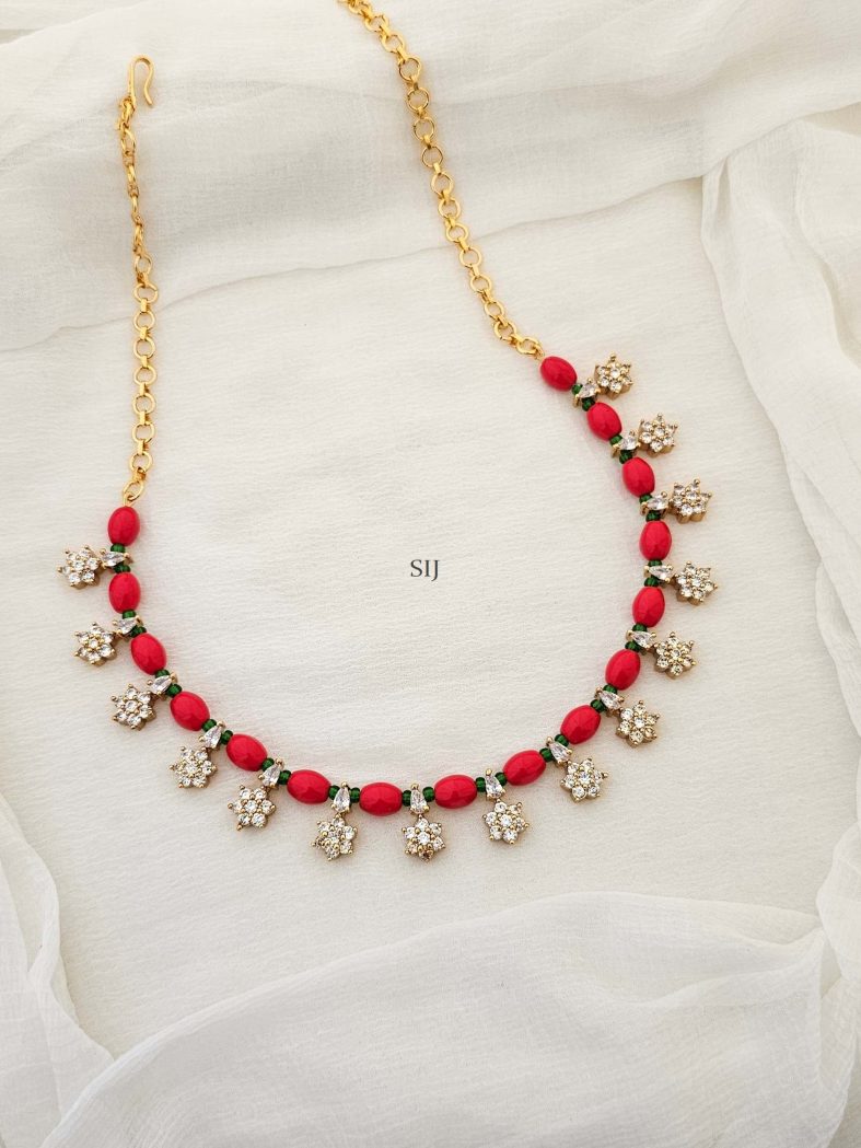 Coral Beads and CZ Stones Floral Necklace