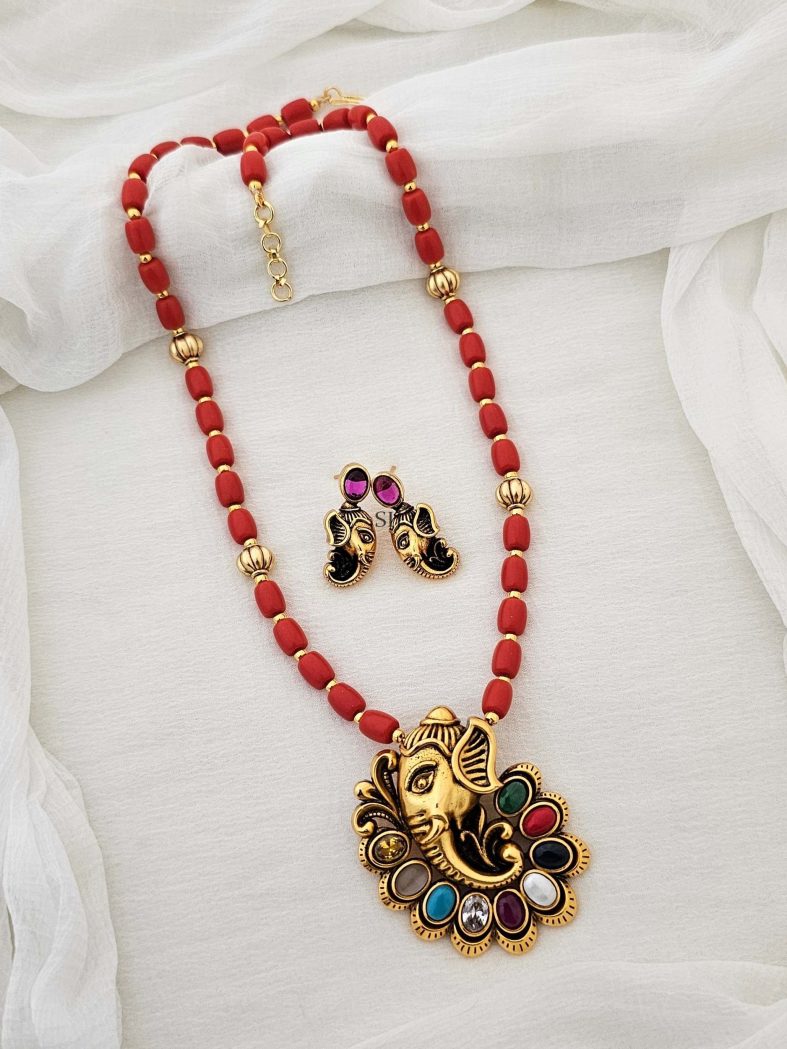 Traditional Coral Mala with Ganesha Pendant