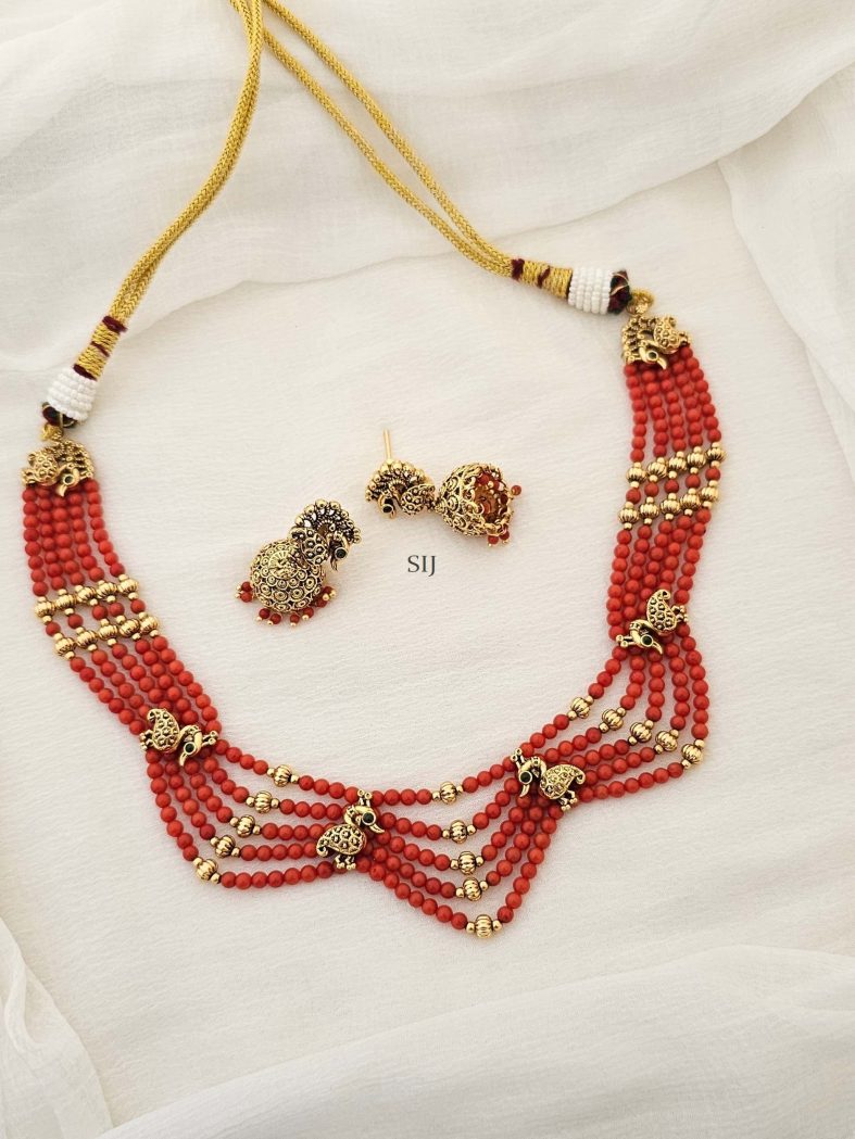 Antique Gold Finish Multi Layered Coral Necklace