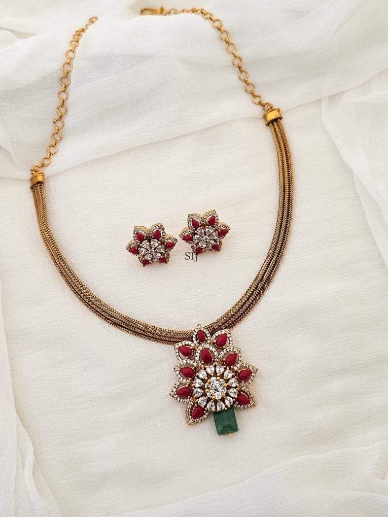 Attigai Necklace with CZ Stones and Coral Beads Floral Pendant