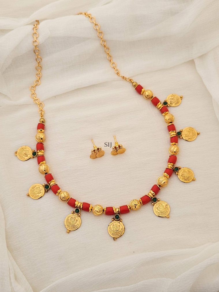 Traditional Lakshmi Coin Necklace with Coral Beads