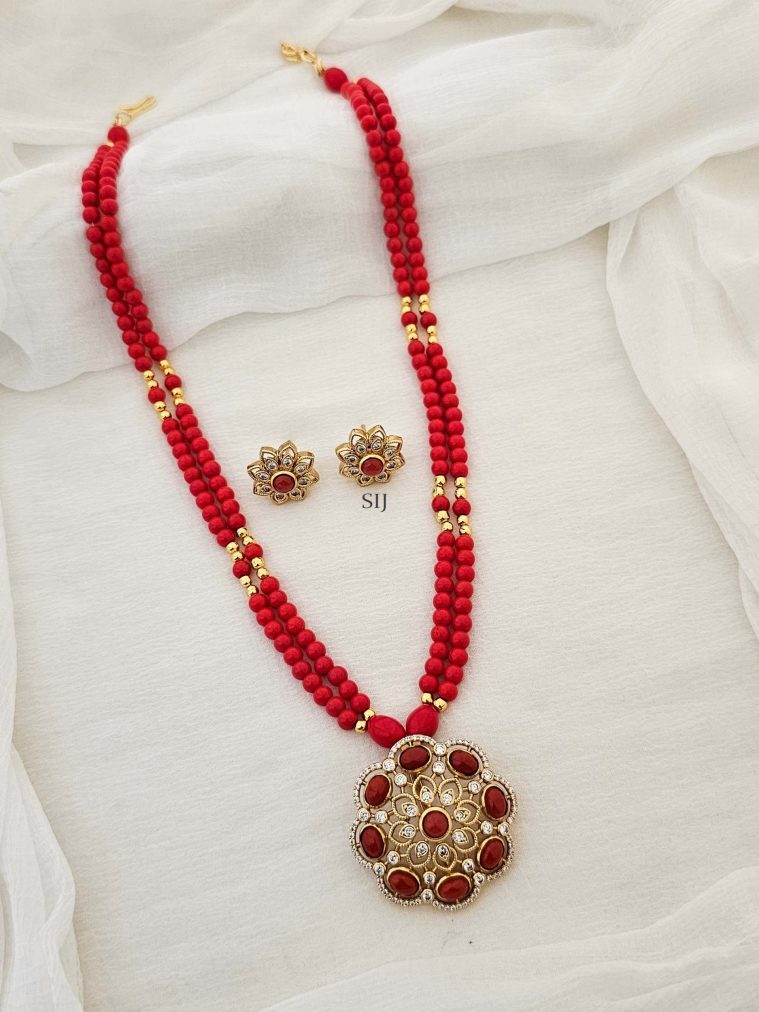 Two Layers Coral Beads Chain with CZ Stones Flower Pendant