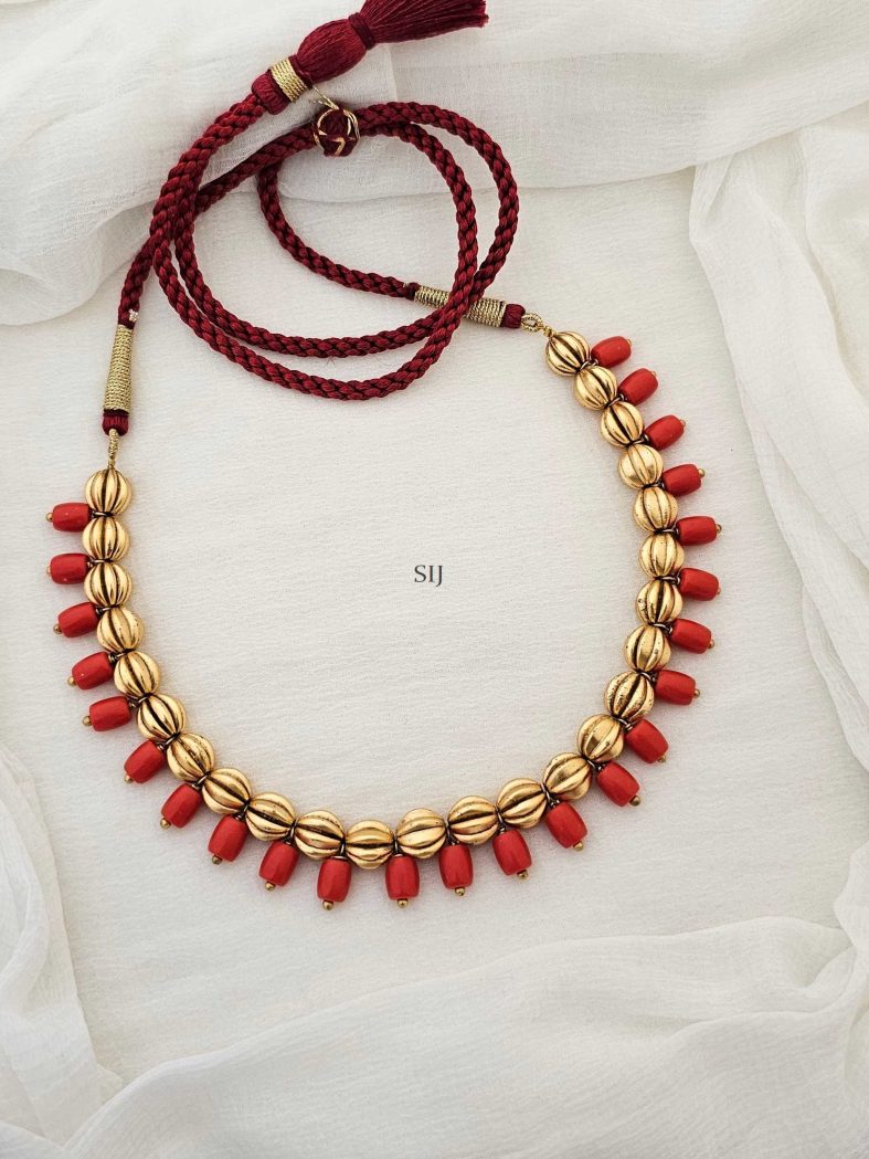 Gold Finish Pumpkin Beads Necklace with Coral Hangings