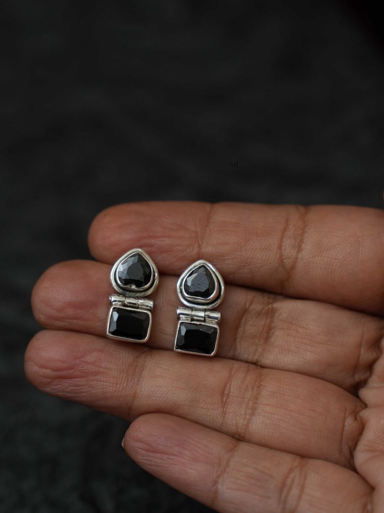 Silver Oxidised Black Stone Earrings