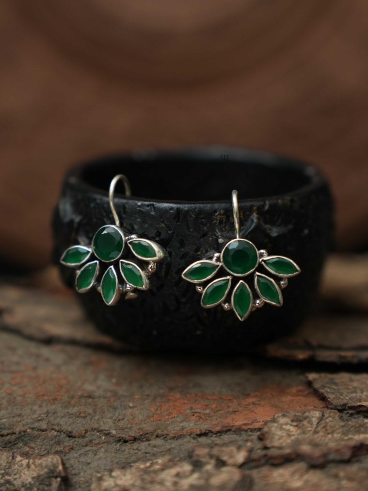 Silver Oxidised Green Stone Hoop Earrings