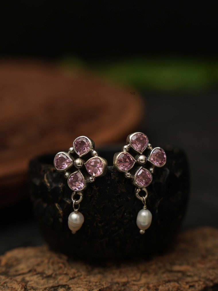 Silver Oxidised Pink Stone Earrings