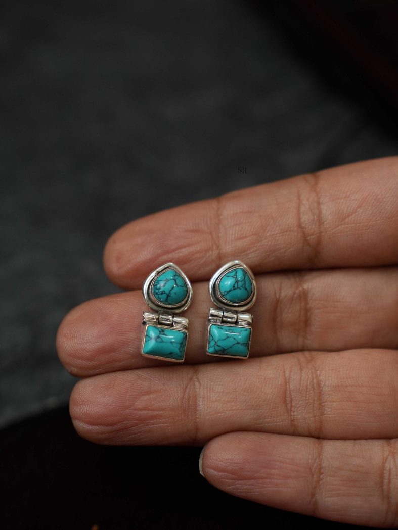 Silver Oxidised Turquoise Stone Earrings