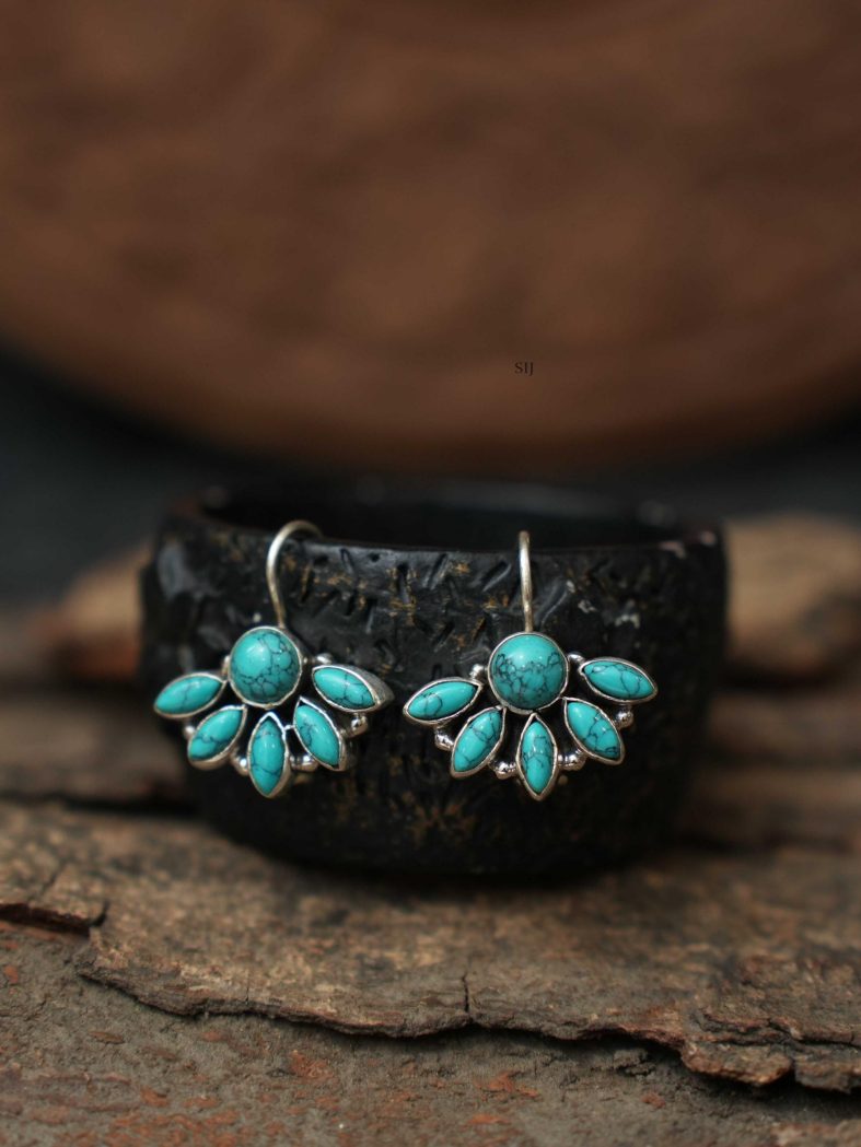 Silver Oxidised Turquoise Stone Hoop Earrings