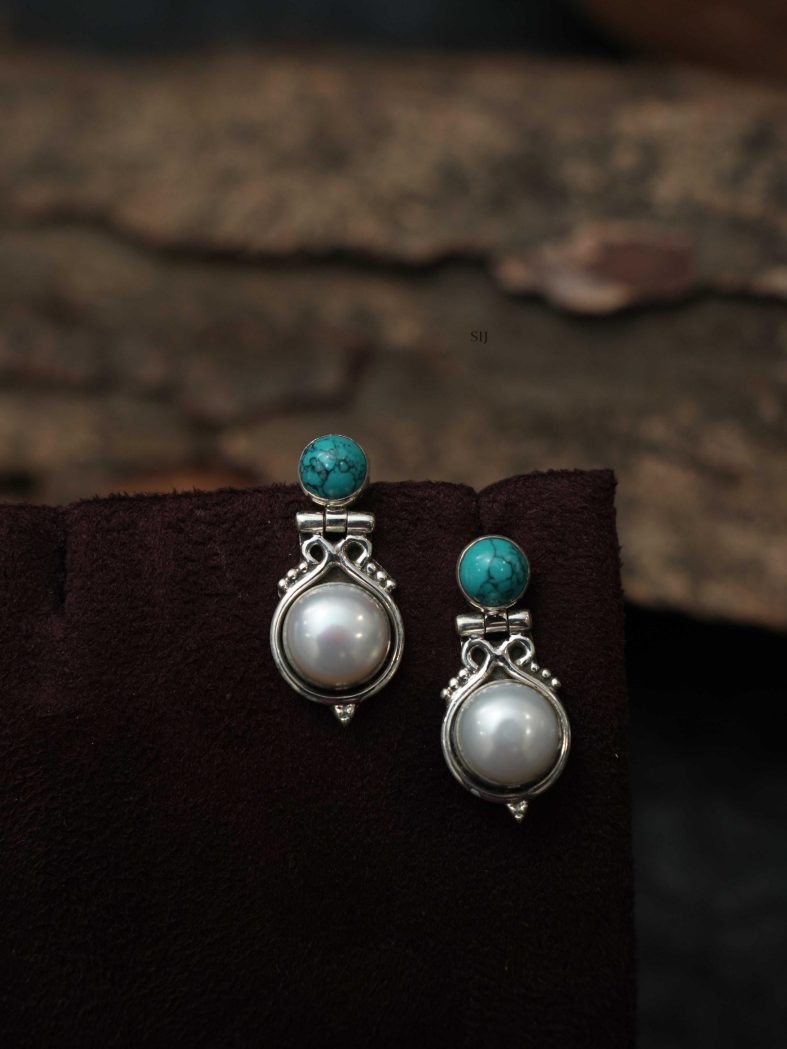 Silver Oxidised Turquoise and Pearl Earrings