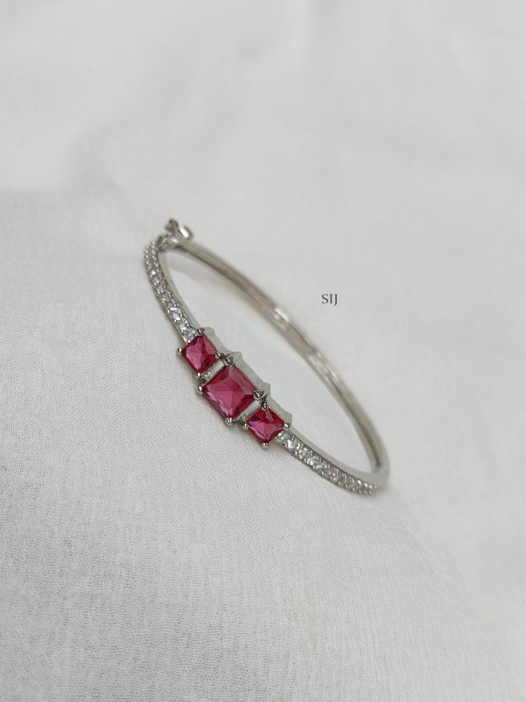 Silver Polish Cubic Pink Stone Kada