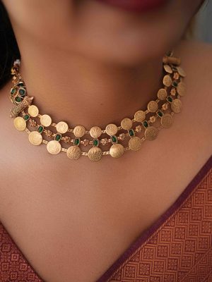 Temple Lakshmi Coin Emerald Necklace Set