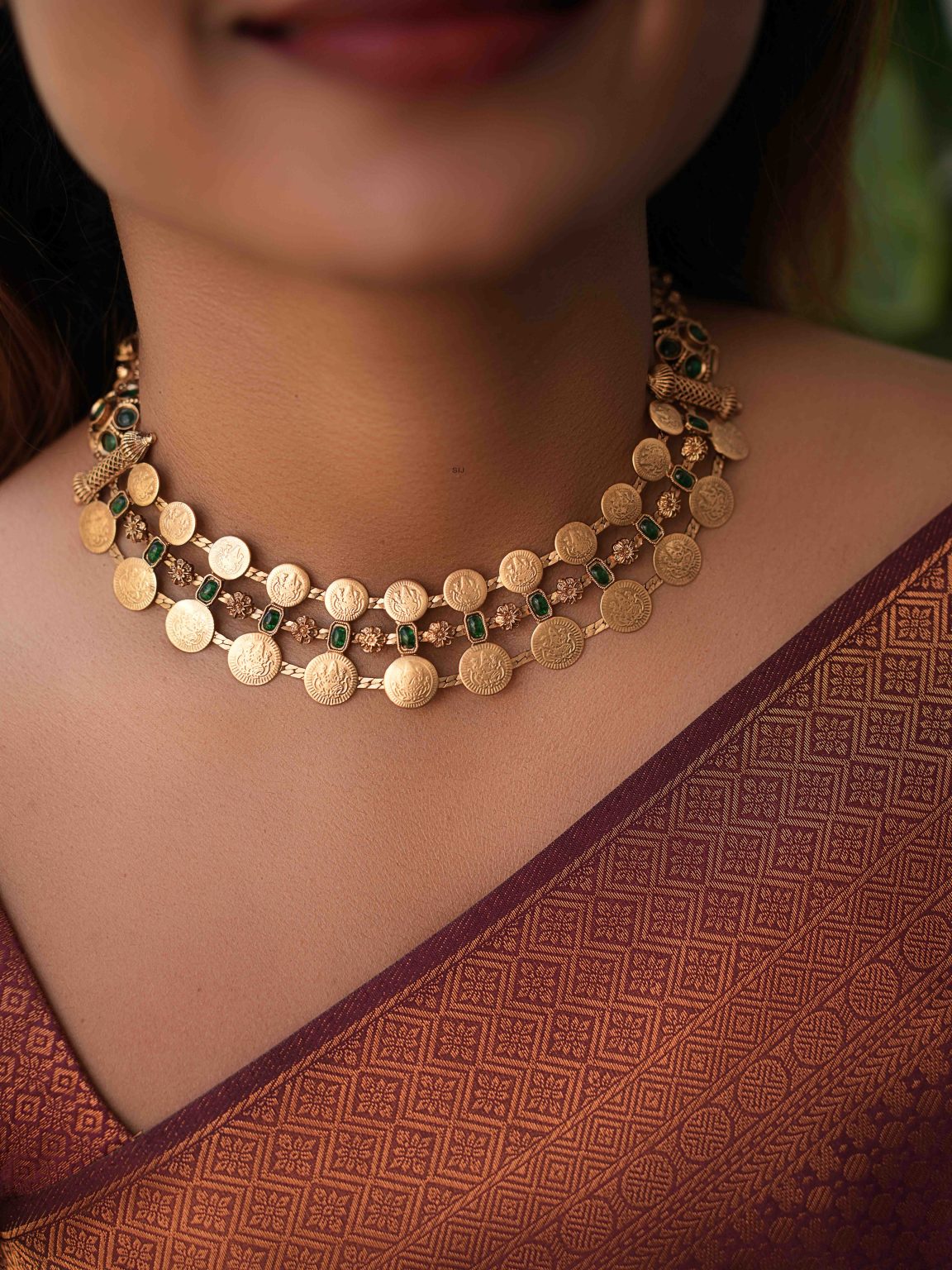 Temple Lakshmi Coin Emerald Necklace Set