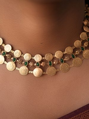 Temple Lakshmi Coin Emerald Necklace Set