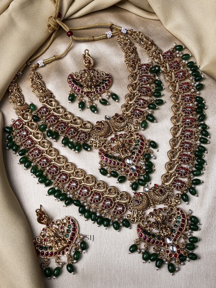 Traditional Lakshmi Motif Green Beads Bridal Jewellery Set