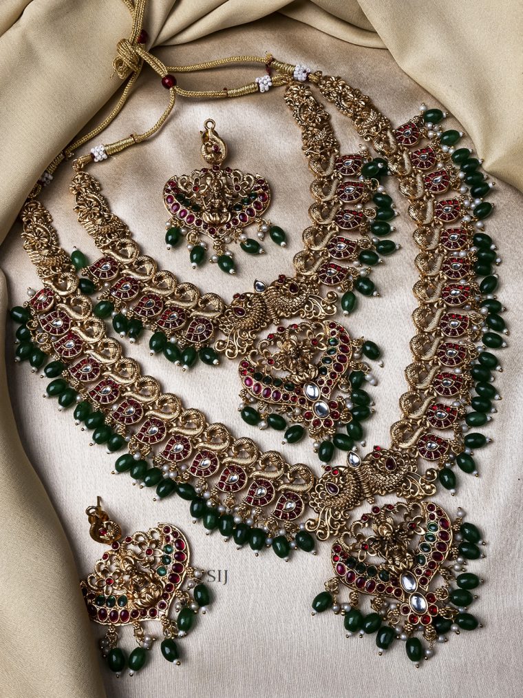 Traditional Lakshmi Motif Green Beads Bridal Jewellery Set