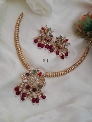 Traditional Navaratna Stone Pendant Hasli Necklace