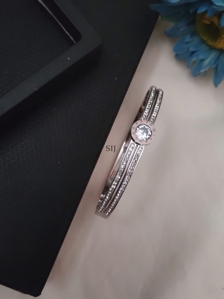 White Stones Silver Polished Kada Bangle