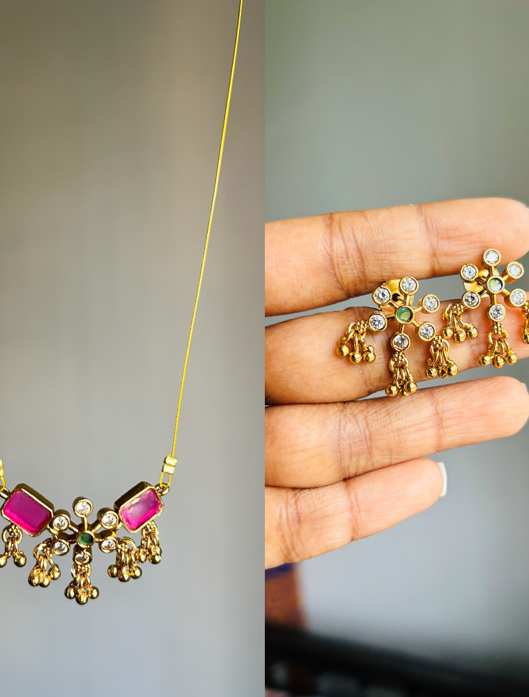 Two Big Ruby Stones and Flower Pendant Invisible Necklace