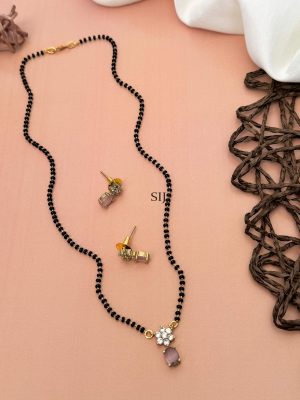 Gold Plated Black Beads Mangalsutra With AD Stones