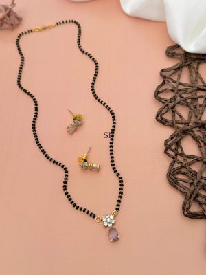 Gold Plated Black Beads Mangalsutra With AD Stones