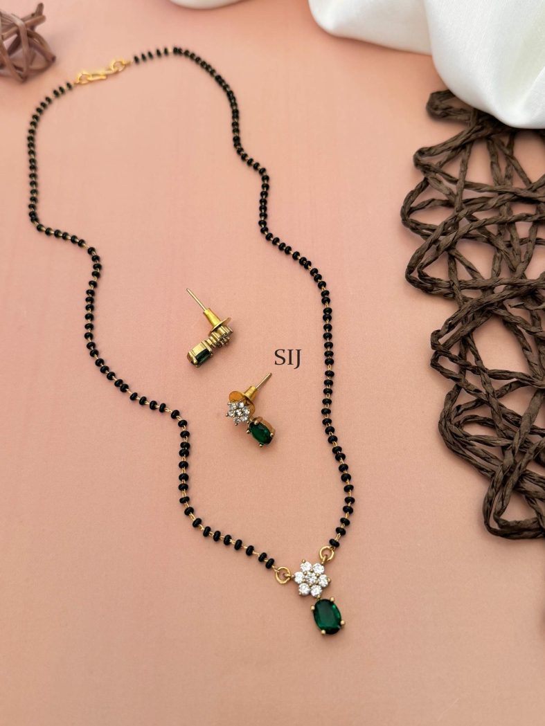 Single Layer Black Beads Mangalsutra With Green AD Stone Pendant