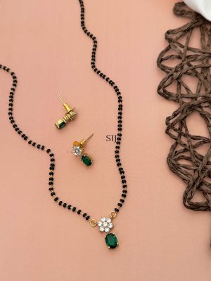 Single Layer Black Beads Mangalsutra With Green AD Stone Pendant