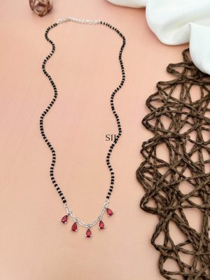 Silver Plated Pink AD Stones Black Beads Mangalsutra