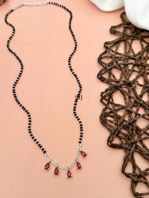 Silver Plated Pink AD Stones Black Beads Mangalsutra