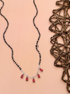 Silver Plated Pink AD Stones Black Beads Mangalsutra