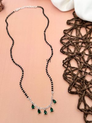 Silver Plated Green AD Stones Black Beads Mangalsutra