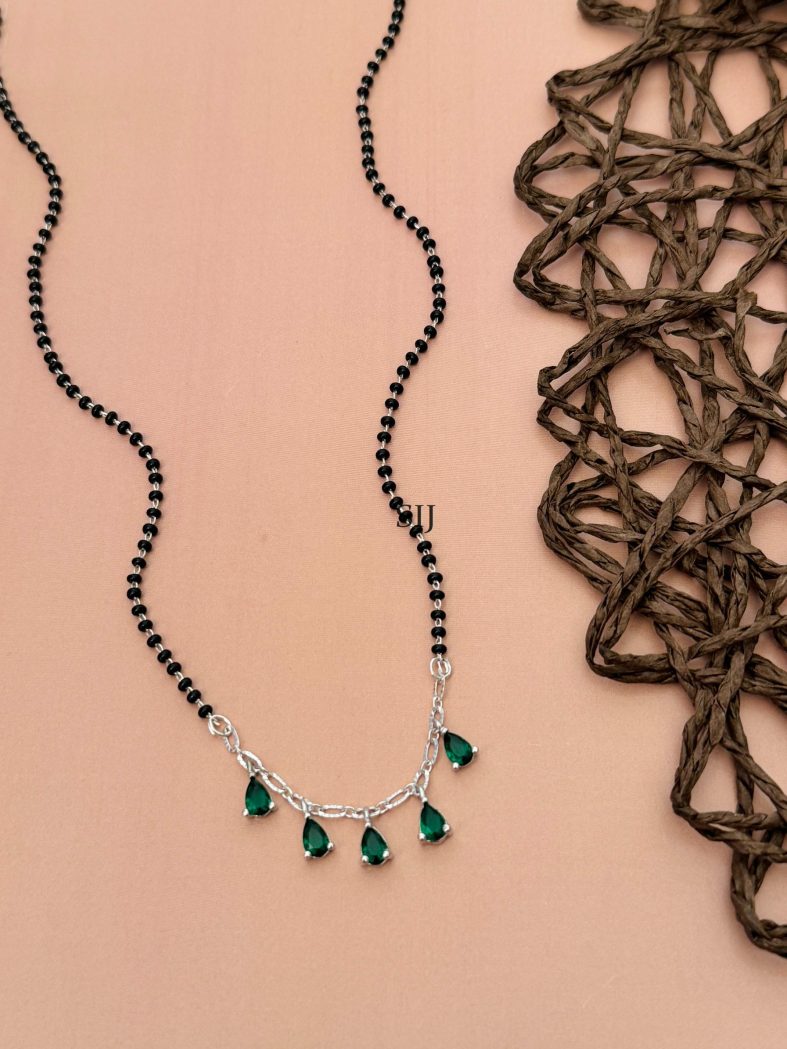 Silver Plated Green AD Stones Black Beads Mangalsutra