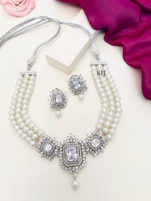 Silver Plated Polki AD Stones Necklace Set