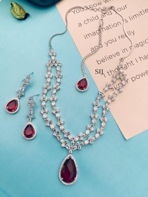 Ruby AD Stones Silver Plated Jewellery Set