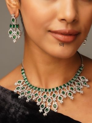 Silver Plated Green Emerald AD Stones Necklace Set