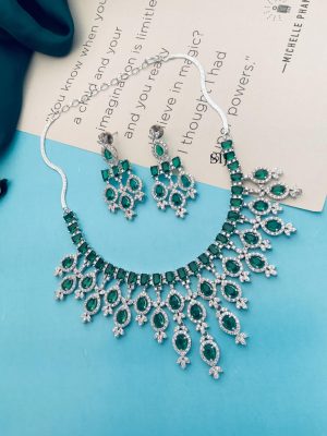 Silver Plated Green Emerald AD Stones Necklace Set