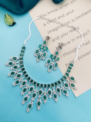 Silver Plated Green Emerald AD Stones Necklace Set