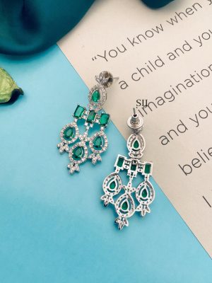 Silver Plated Green Emerald AD Stones Necklace Set