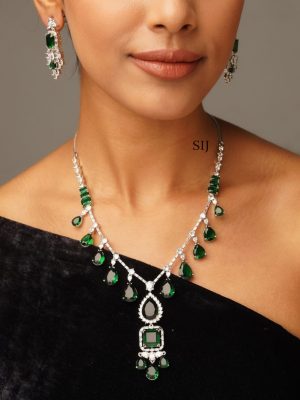 Emerald Green Silver Plated AD Stones Necklace Set