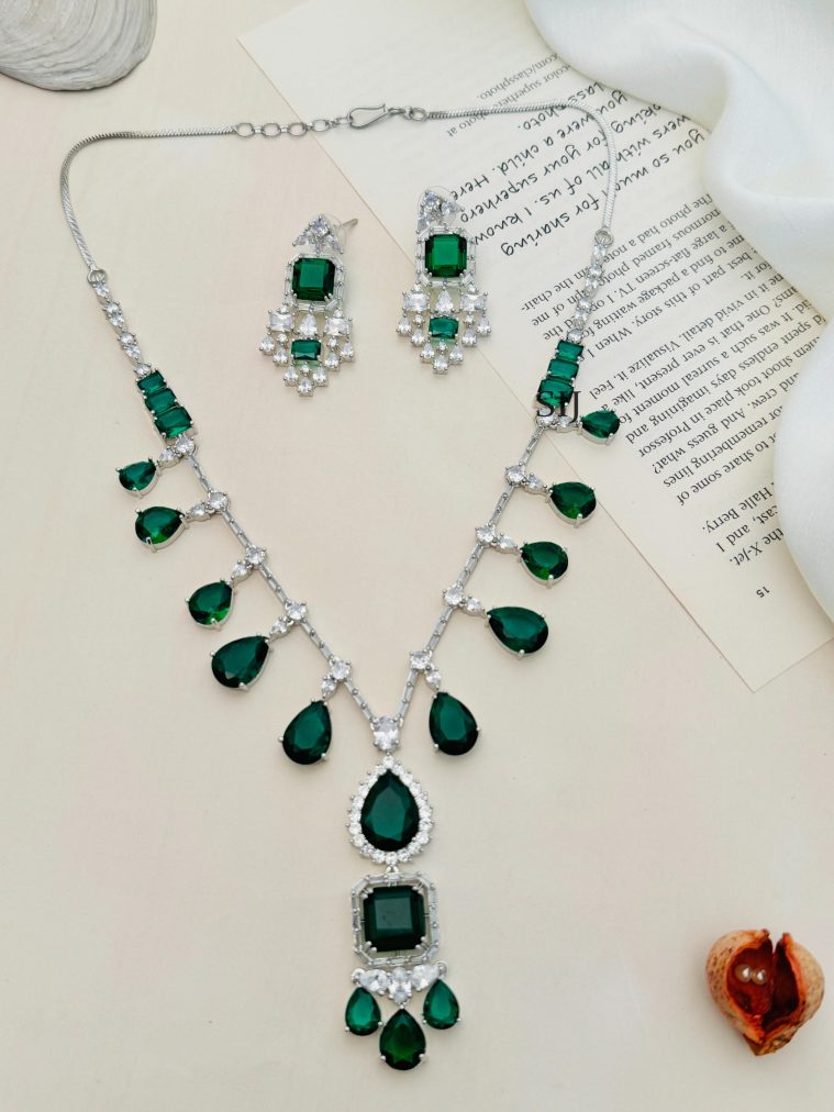 Emerald Green Silver Plated AD Stones Necklace Set