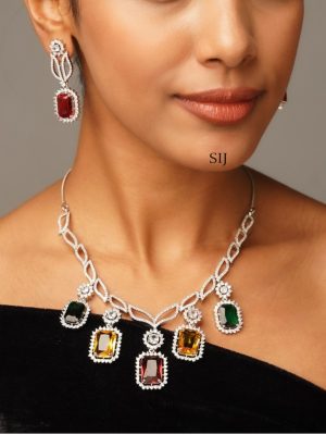 Multicolour Silver Plated AD Stones Necklace Set