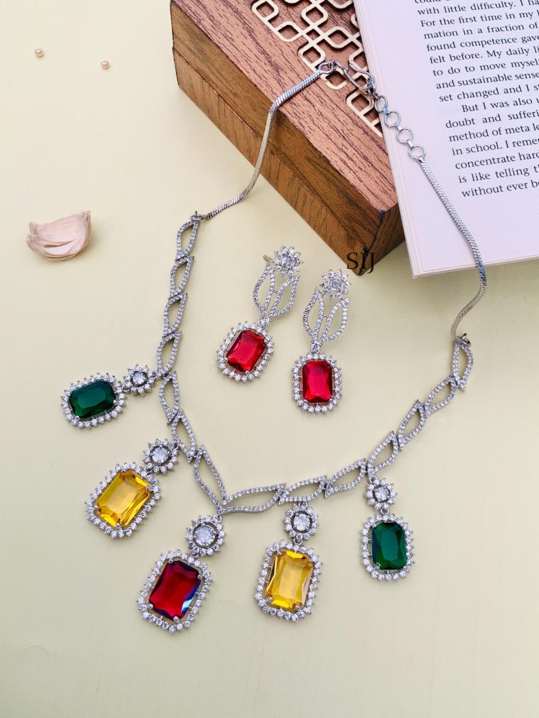 Multicolour Silver Plated AD Stones Necklace Set