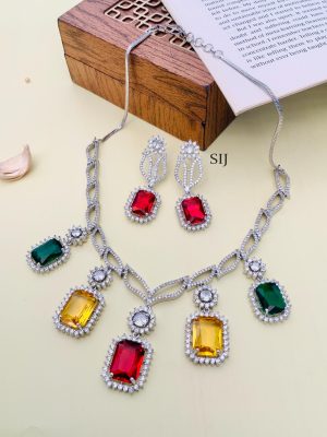 Multicolour Silver Plated AD Stones Necklace Set