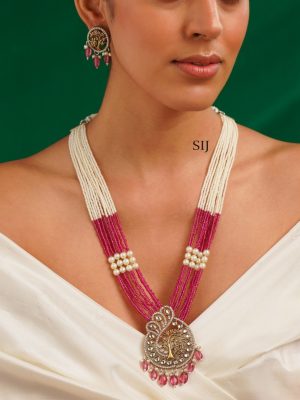 Pink Silver Plated Polki Temple Long Necklace Set