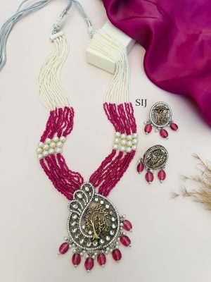 Pink Silver Plated Polki Temple Long Necklace Set