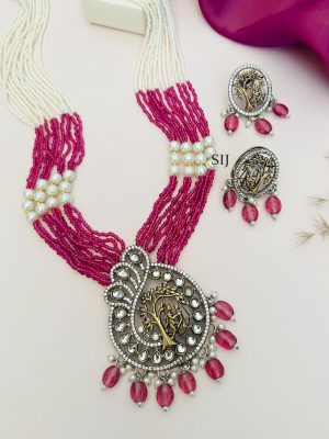 Pink Silver Plated Polki Temple Long Necklace Set